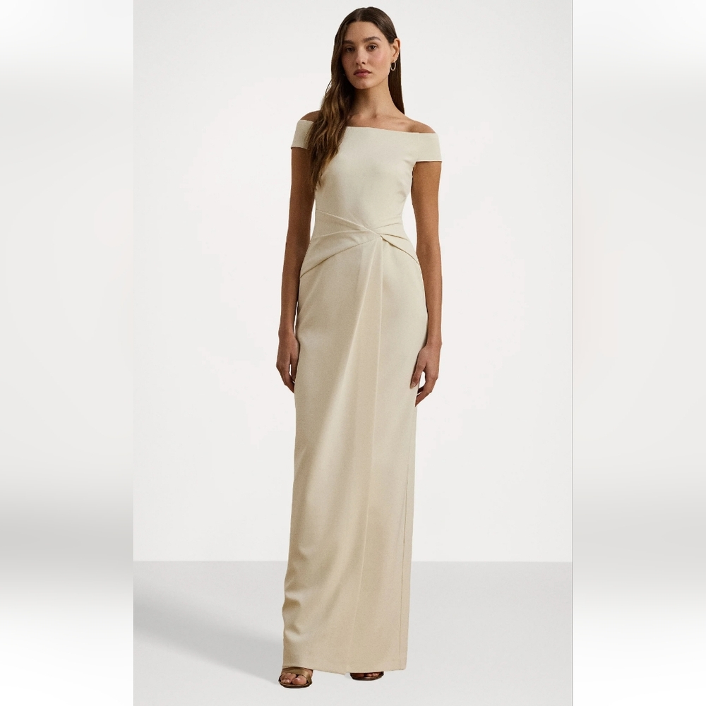 Lauren Ralph Lauren Crepe Off-the-Shoulder Side-Slit Column Gown Winter Cream